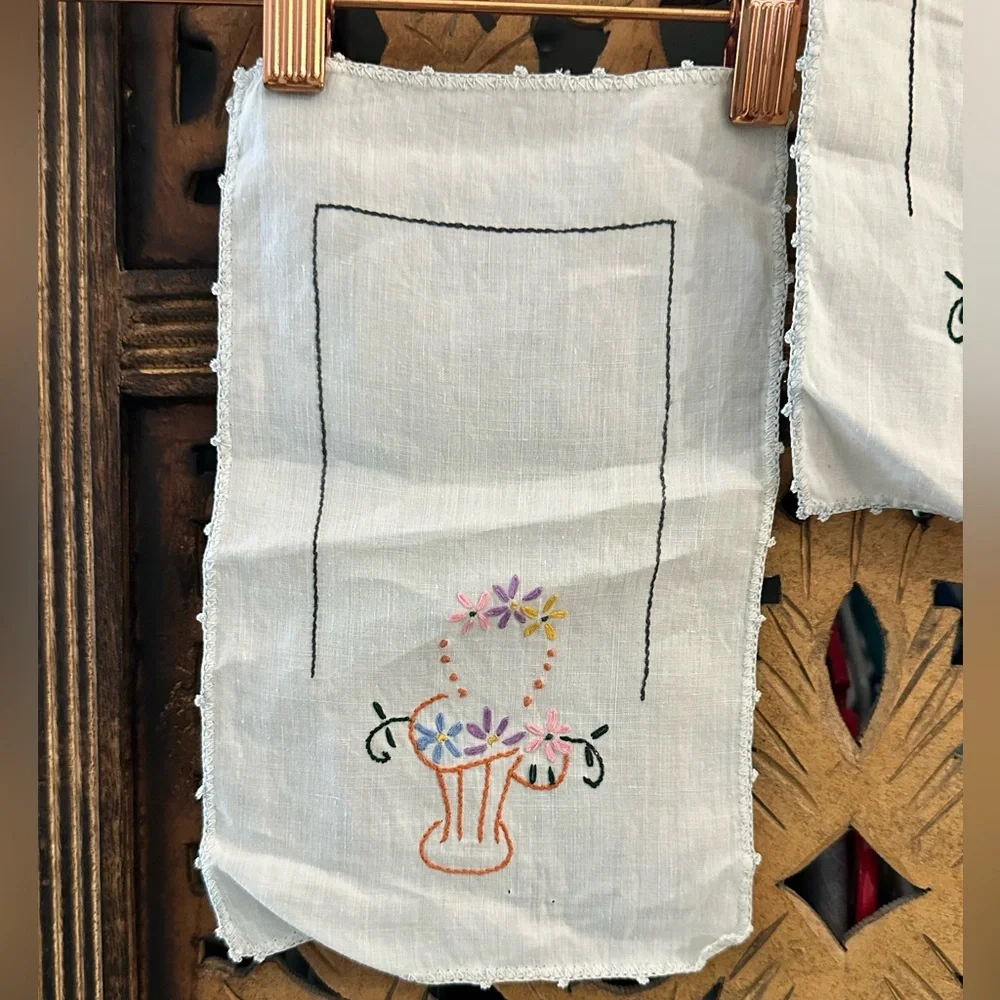 Vintage Pair of His and Hers Handmade Floral Embroidered Crocheted Hand Towels.